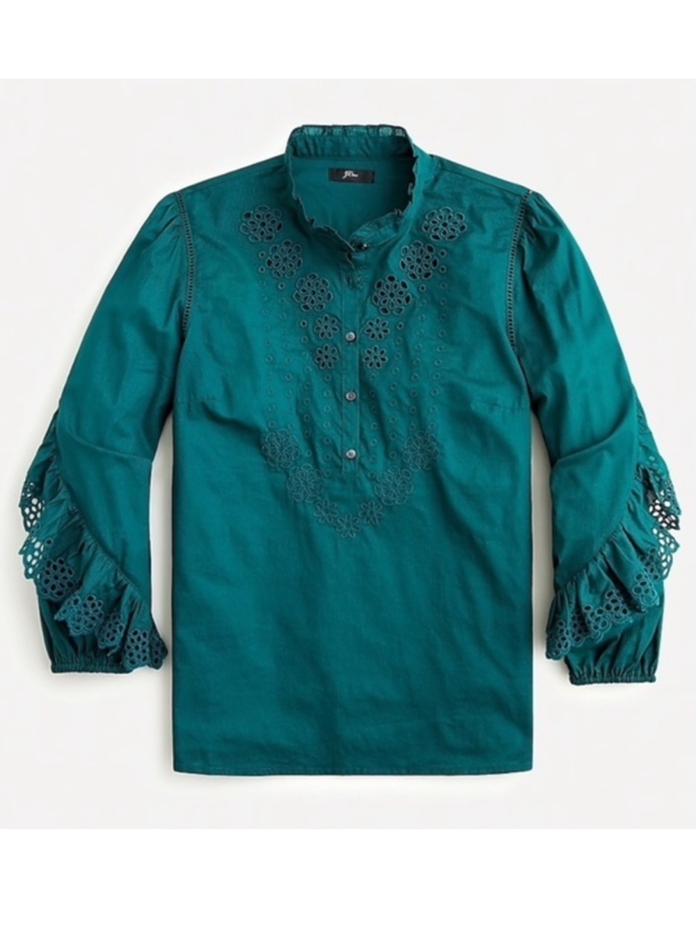 J. Crew Ruffled/Eyelet Sleeve Popover Cotton Top in Deep Spruce - Size Medium